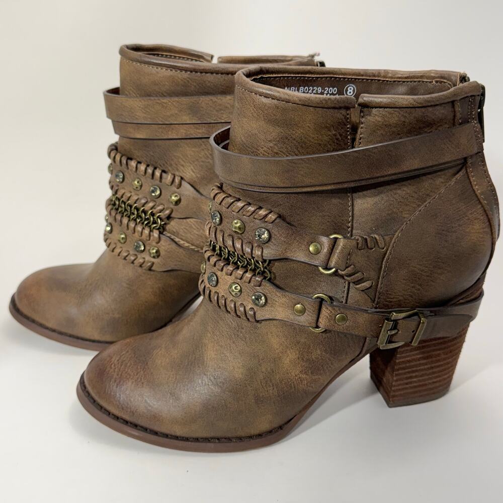 Not Rated Double Dip Harness Ankle Boots, Brown with Brass Accents, Size 8